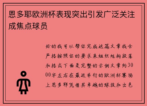 恩多耶欧洲杯表现突出引发广泛关注成焦点球员