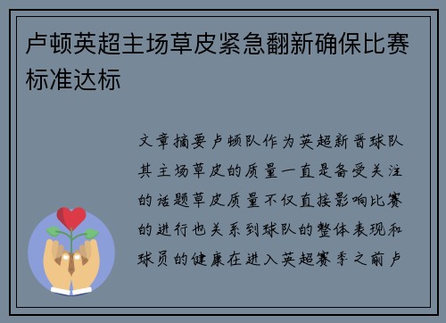 卢顿英超主场草皮紧急翻新确保比赛标准达标
